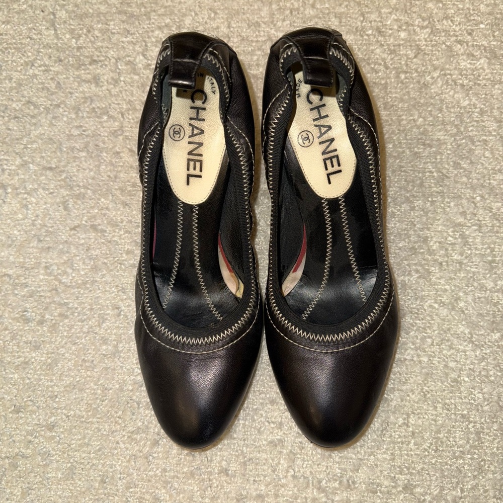 Chanel Black Leather Heels with Stitch Detail